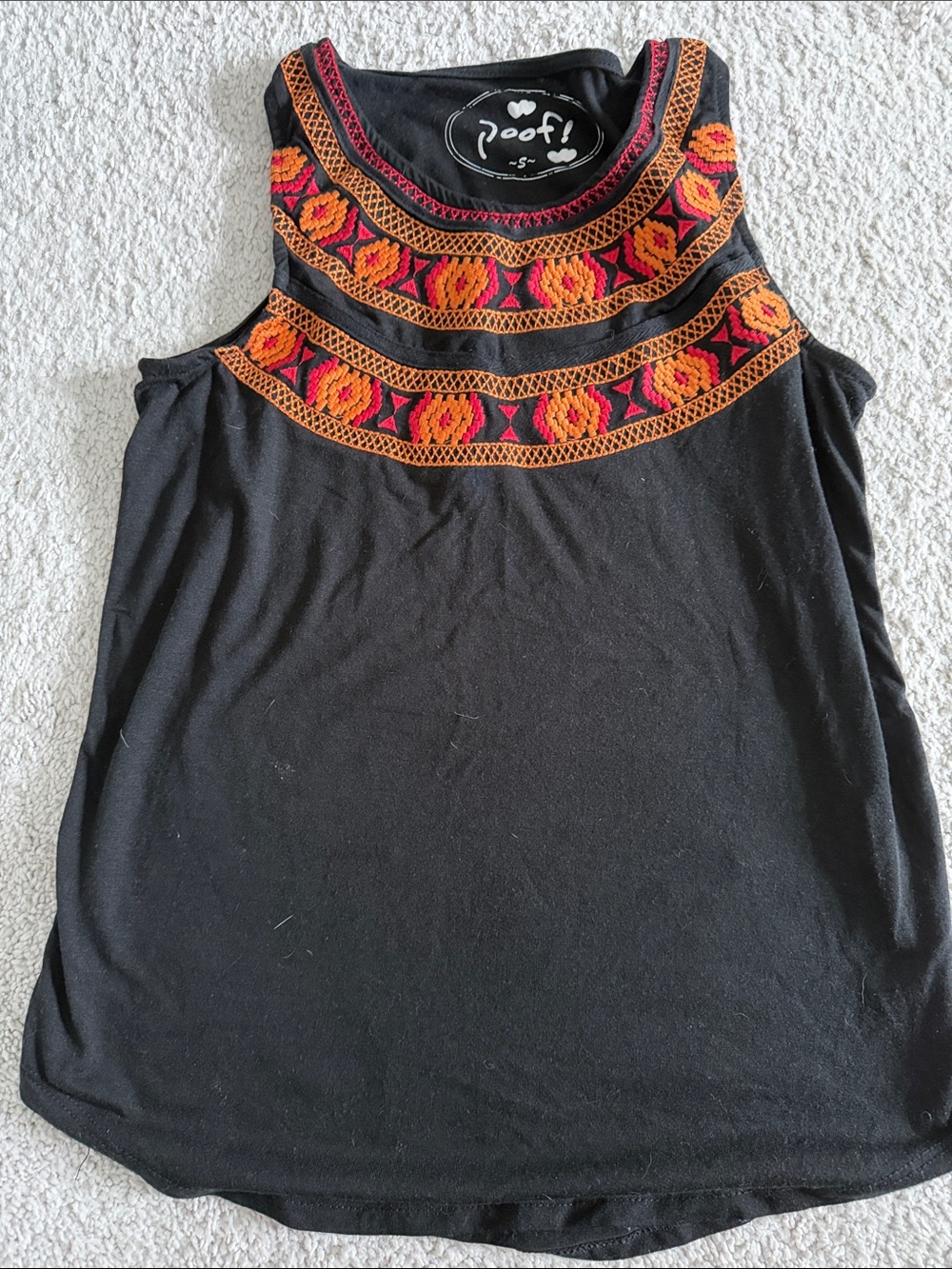 Poof! Black Tank Top with Pink & Orange Embroidered Yoke